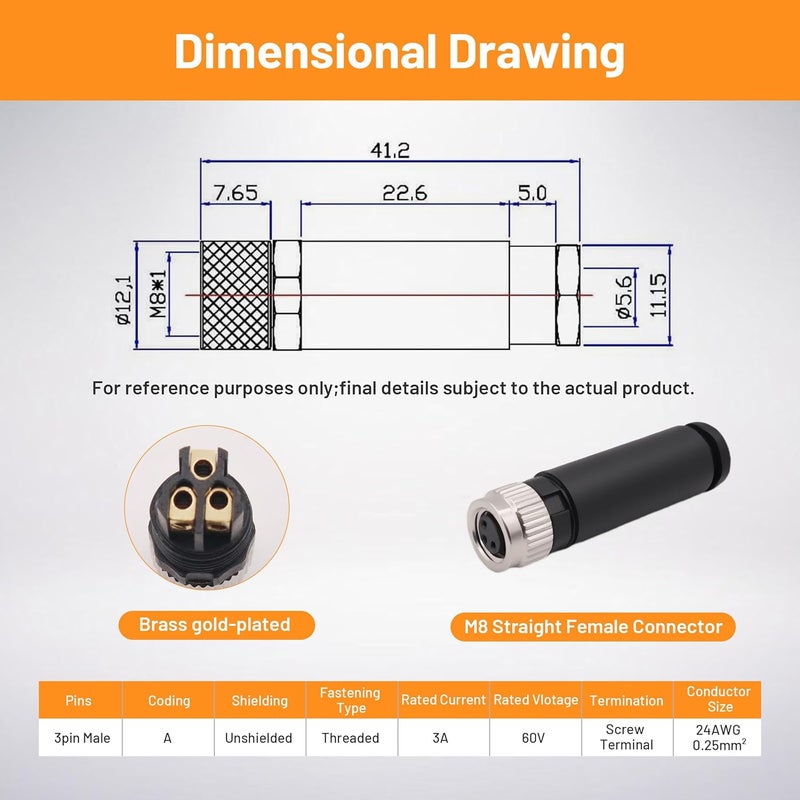 Elecbee 5PCS M8 3 Pin Connector A Code Industrial Circular Connector Straight Female Assemble Type Plug Non-Shield Connector Panel Receptacles Front Mount, Outdoor Waterproof IP67 - Image 2